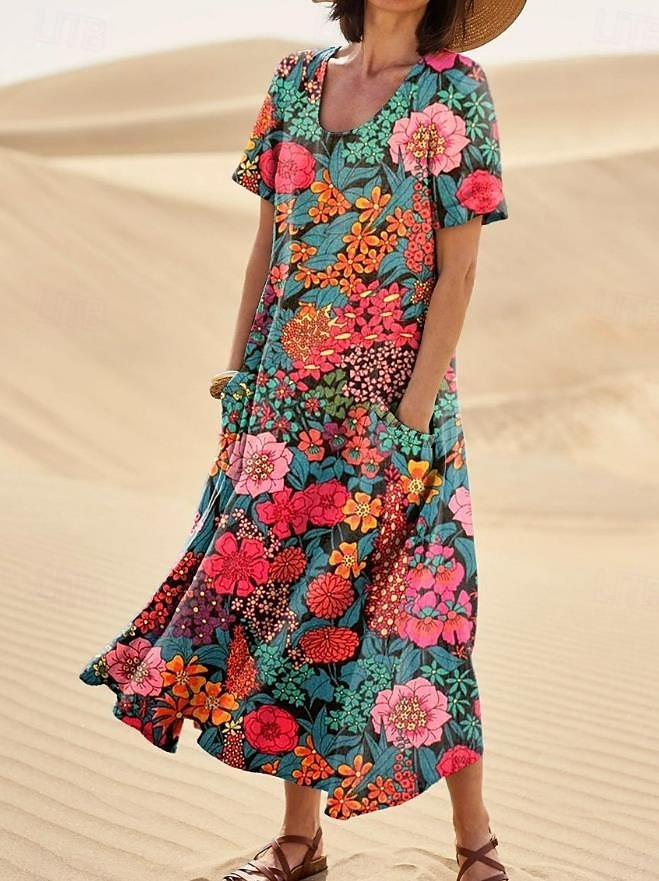 Femmes Robe Midi Robe d'Été Robe trapèze Vacances Occasionnel Boho Sortir Plage Graphique Manche Courte Col Rond Frêne Bleu Orange Vert Été Printemps de 2025 ? $29.99 –P3