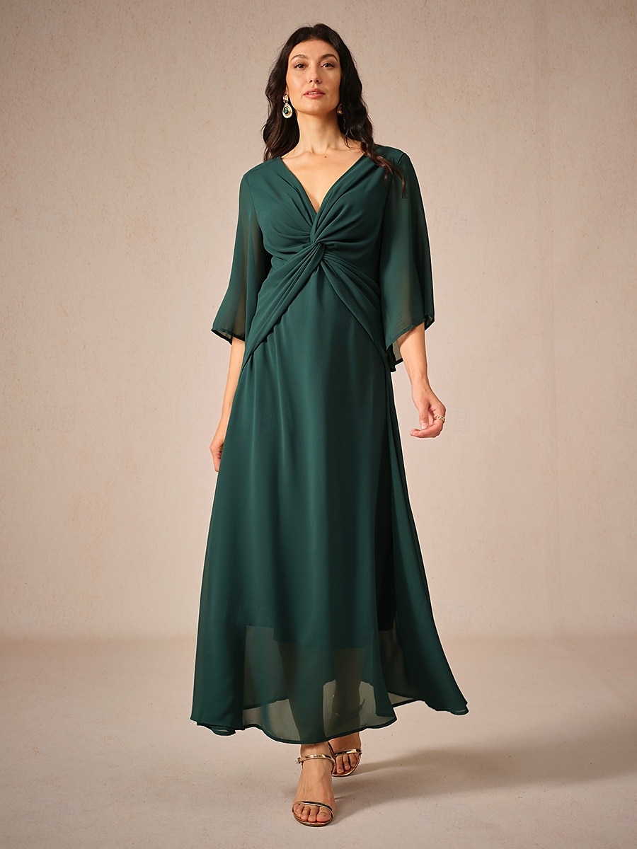 rochie de cocktail pentru invitați la nuntă pentru femei șifon uni cu volane răsucite elegantă rochie maxi de vară cu decolteu în V mânecă evazată lungime 3/4 2025 - $49.99 –P3