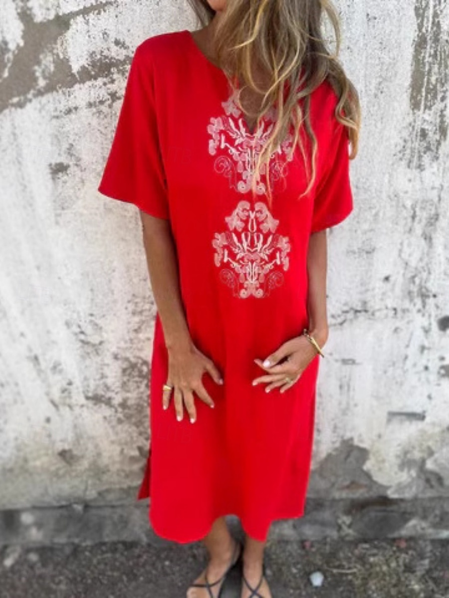 Vestido Maxi Feminino Vestido Shift Vestido de Verão Casual Diário Ajuste Regular Floral Manga Curta Gola Corte Notch Branca Amarela Rosa Vermelha Verão de 2025 por $32.99 –P4
