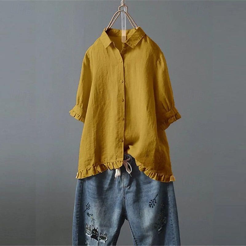 Damen Hemd Bluse Baumwoll-Leinen-Hemden Einfach Basic Modern Kurzarm Hemdkragen Normale Oberteile Täglich Ferien Ausgehen Knöpfe Weiß Gelb Rosa Marineblau Leicht Blau Sommer 2025 - $23.99 –P8