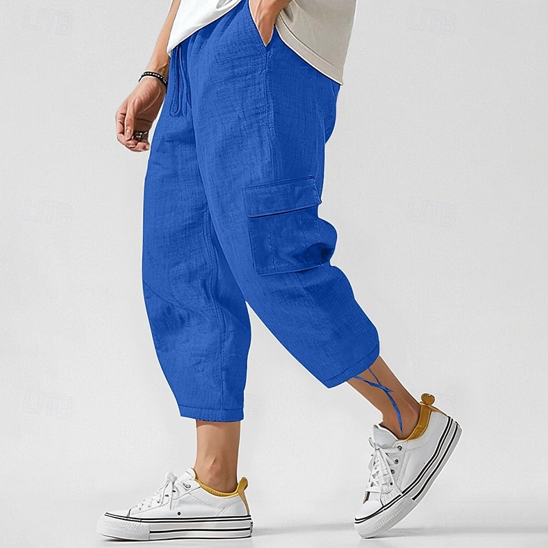 Homens Calças Cargo Calças de linho Calças Calça verão Calças de praia Com Cordão Cintura elástica Bolso multi Tecido Conforto Respirável Mimolet Casual Diário Feriado Moda Estilo Clássico Preto de 2025 por $23.99 –P4