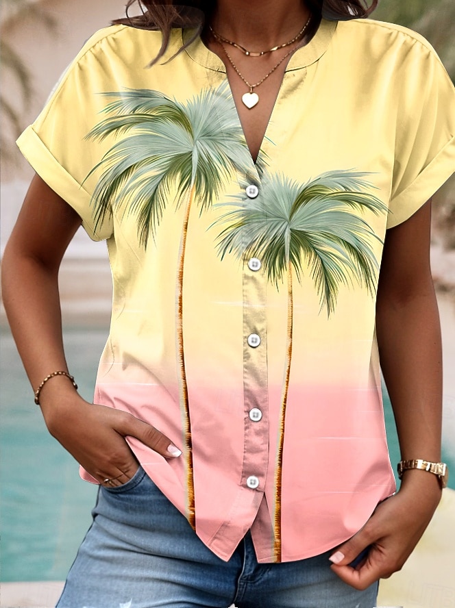 Cammicia da donna V Neck Button Down Blusa Top Estivi Ombre Grafica Albero Tropicale Quotidiana Hawaiian Manica Corto Collo Regolari Top Quotidiani Bottoni Stampa Gialla Estate del 2026 a $33.99 –P1