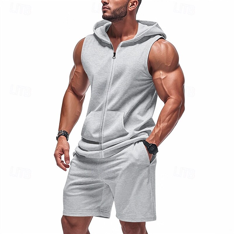 Men's T-shirt Suits 2 Pieces Outfits Tee & Shorts Short Sleeve Hooded Summer Plain Fashion Casual 2 Piece Vacation Daily Wear Going out Black Yellow Red Top Tee for Men 2025 - $41.99 –P1