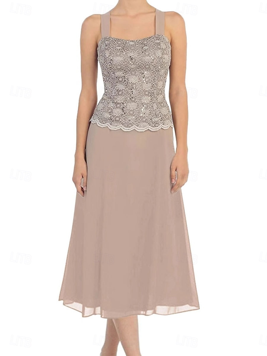 Ensembles de Robes Robe de Mère de Mariée  Élégant Simple Une Épaule Longueur thé Polyester manche longue avec Dentelle Couleur Unie 2025 de 2025 ? $101.99 –P6