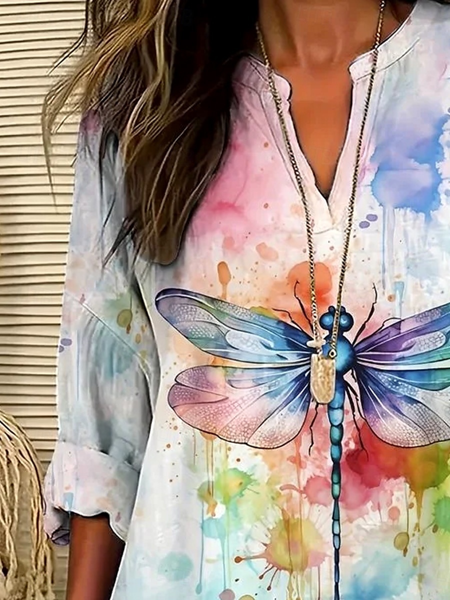 Dames Blouse Vlinder Kleurgradatie Hawaii Basic Casual Lange mouw V-hals Normale tops Dagelijks Feestdagen Knop Afdrukken Regenboog Zomer Lente 2025 - $24.99 –P2