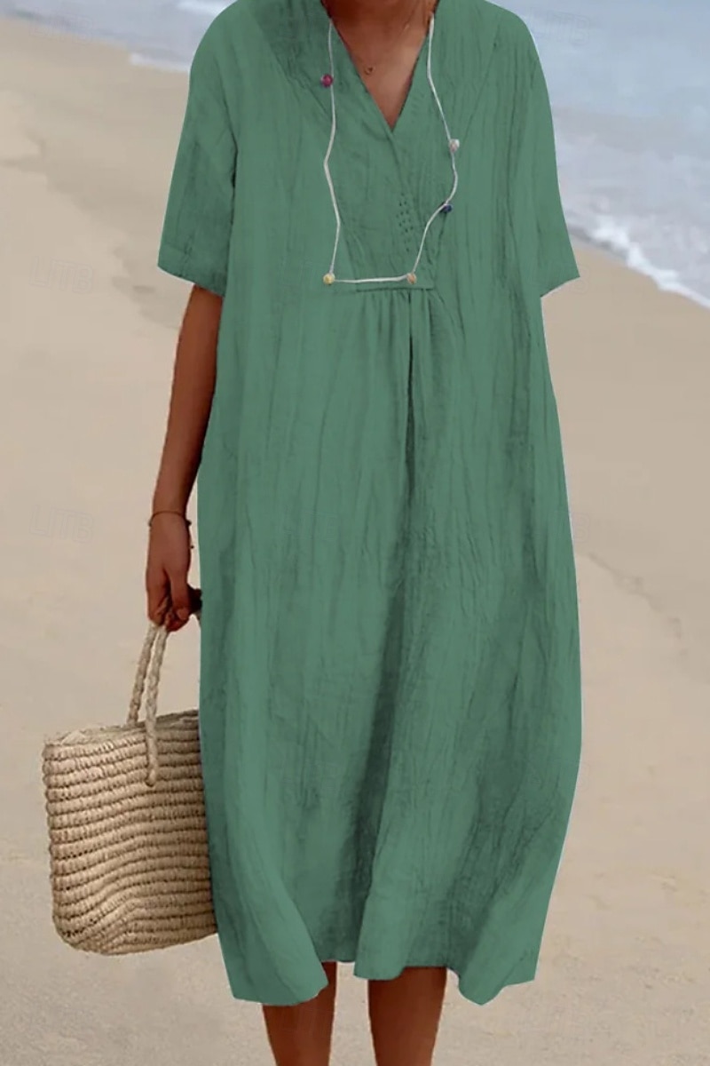 Femmes Robe Midi Robes en coton et lin Robe en coton et lin Mode Classique Moderne Vacances Quotidien Fête Coupe régulière Uni Manche Courte Col en V Vert Claire Rose Claire Bleu Vert Été de 2025 ? $26.99 –P3