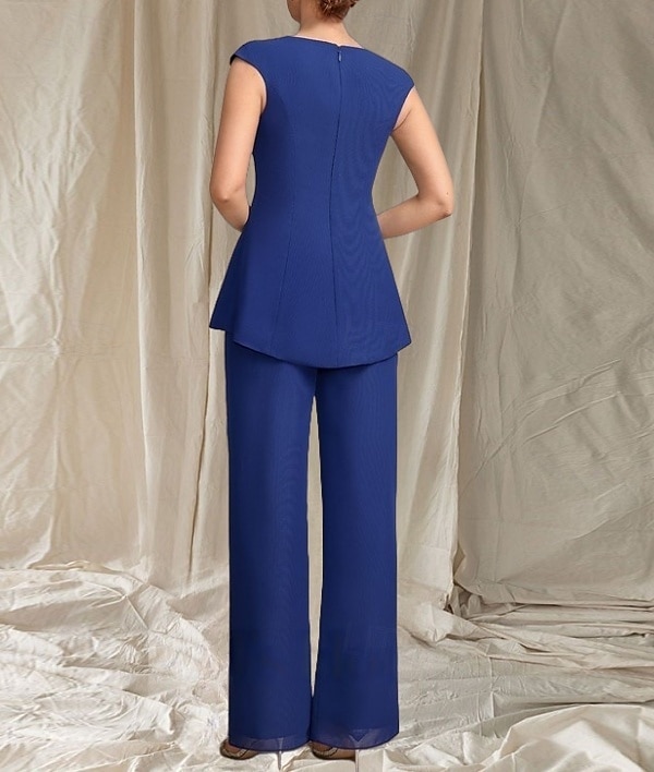 Jumpsuit  Hosenanzug 3-teilig Kleid der Mutter der Braut Hochzeitsgast Elegantes gewelltes Dekolleté bodenlang Chiffon 3/4-lange Ärmel mit Perlen 2025 - $144.99 –P6