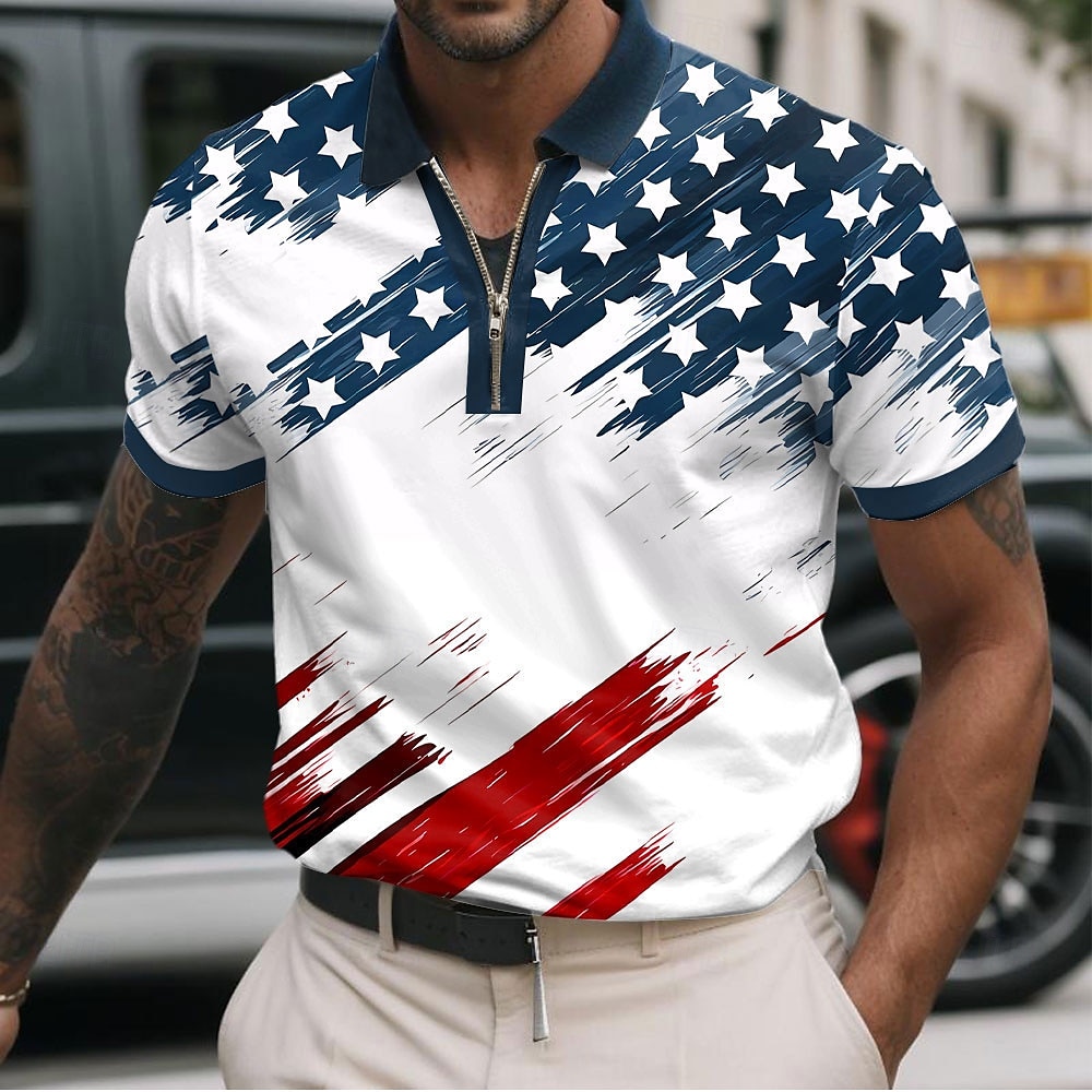 Men's American US Flag Zip Polo Shirts Short Sleeve Polo Shirts Collared Shirts Casual Athleisure Daily Wear 3D Print Summer Red Navy Blue Sky Blue 2025 - $22.99 –P1