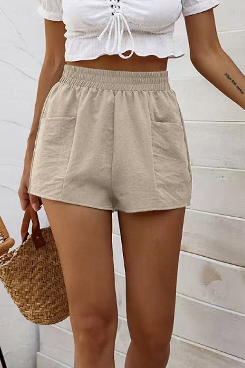 Femmes Short inspiré du lin Shorts Slacks Streetwear Occasionnel Court Naturel Uni Avec Poches Taille Élastique Extérieur Confortable Sortir Décontracté Quotidien riz blanc Vert Véronèse gris foncé de 2025 ? $16.99 –P2