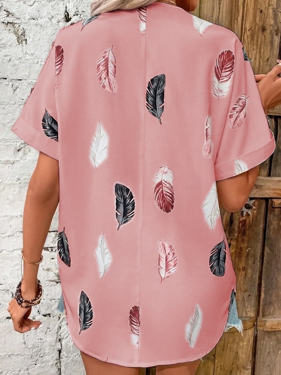 Women's Shirt Feather Stylish Casual Short Sleeve Shirt Collar Regular Tops Daily Buttons Print Black White Pink Wine Blue Summer Spring 2025 - $19.99 –P6