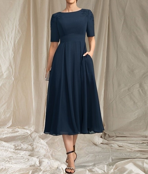 Robe Mère de la Mariée A-Line Invité de Mariage Élégante Col Arrondi Longueur Thé Chiffon Manches Courtes avec Perles Appliques Robe Midi 2025 de 2025 ? $142.99 –P4