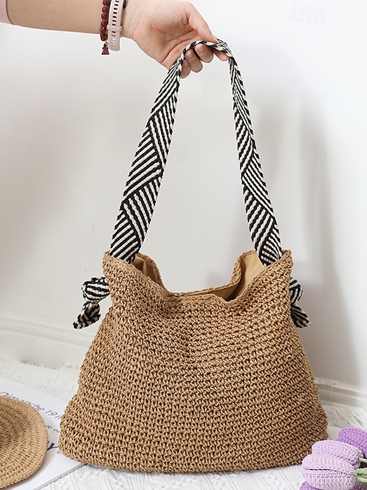 Damen-Umhängetasche aus gewebtem Stroh – Strandtasche im Boho-Chic-Stil mit Riemen im Zebramuster, leichte Sommerhandtasche für Reisen, Urlaub und Freizeitausflüge 2025 - $24.99 –P4