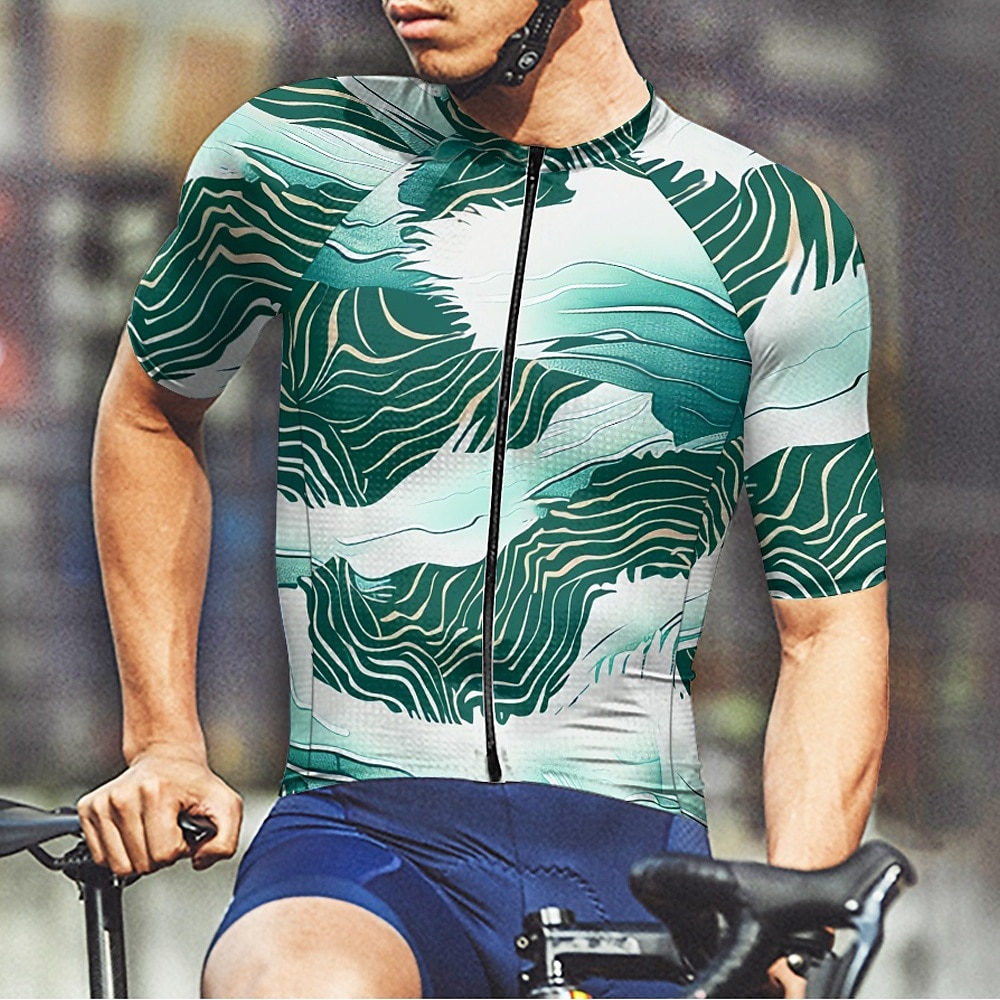 2025年 男性用 サイクリングジャージー 半袖 バイク Tシャツ ジャージー 3つのリアポケット付き マウンテンサイクリング 高通気性 速乾性 人間工学デザイン ウィッキング フォレストグリーン ダークブルー ダークグリーン リーフ柄 スポーツ 衣類 コレクション – $20.79 –P19