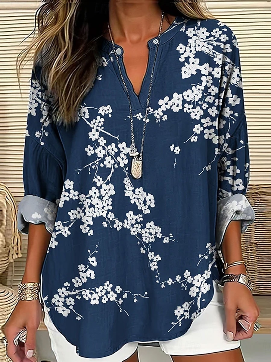 Women's Shirt Floral Graphic Vintage Tropical Hawaiian Long Sleeve V Neck Regular Tops Daily Holiday Beach Wear Print Pink Navy Blue Blue Green Khaki Summer Spring 2025 - $24.99 –P3