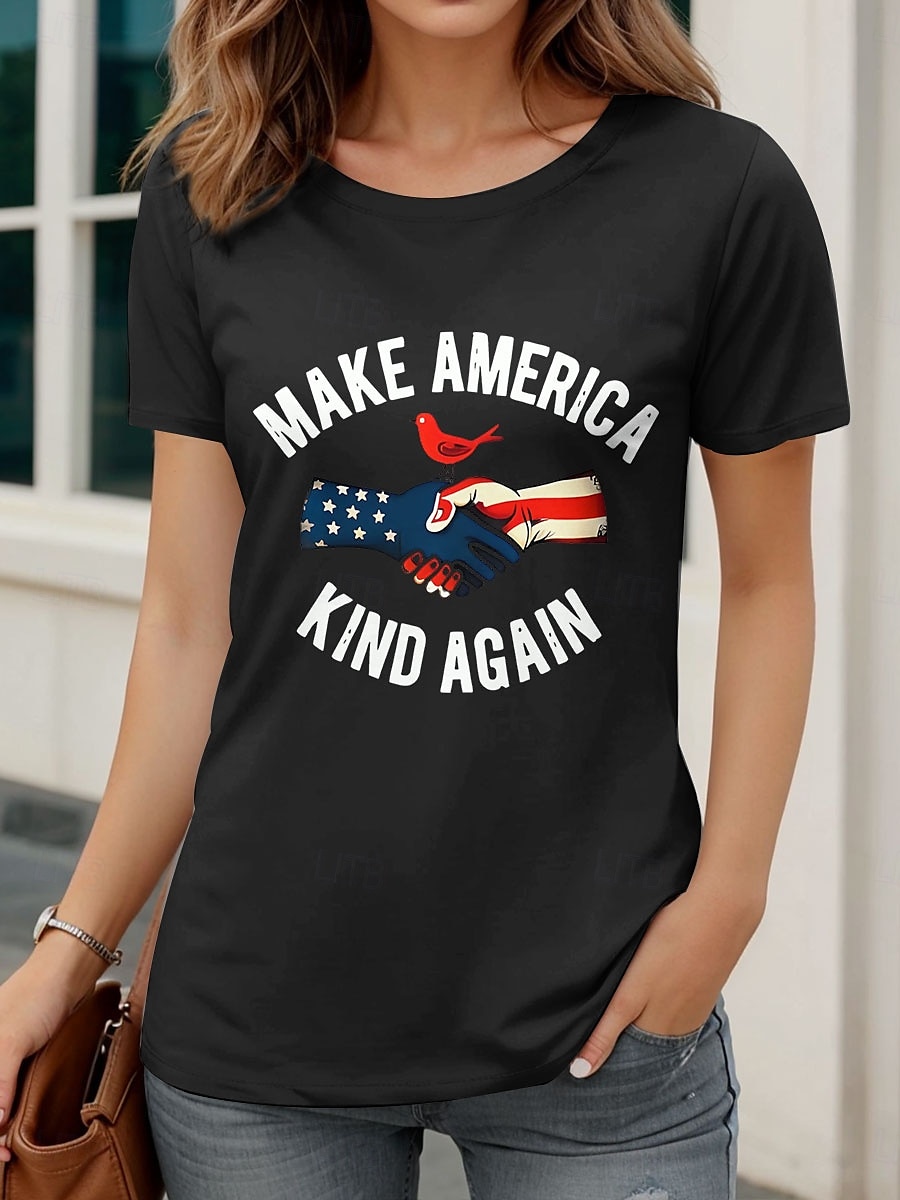 T-shirt patriotique pour femme graphique drapeau lettre décontracté à manches courtes col rond haut régulier impression quotidienne noir blanc bleu marine vert été de 2025 ? $19.99 –P5