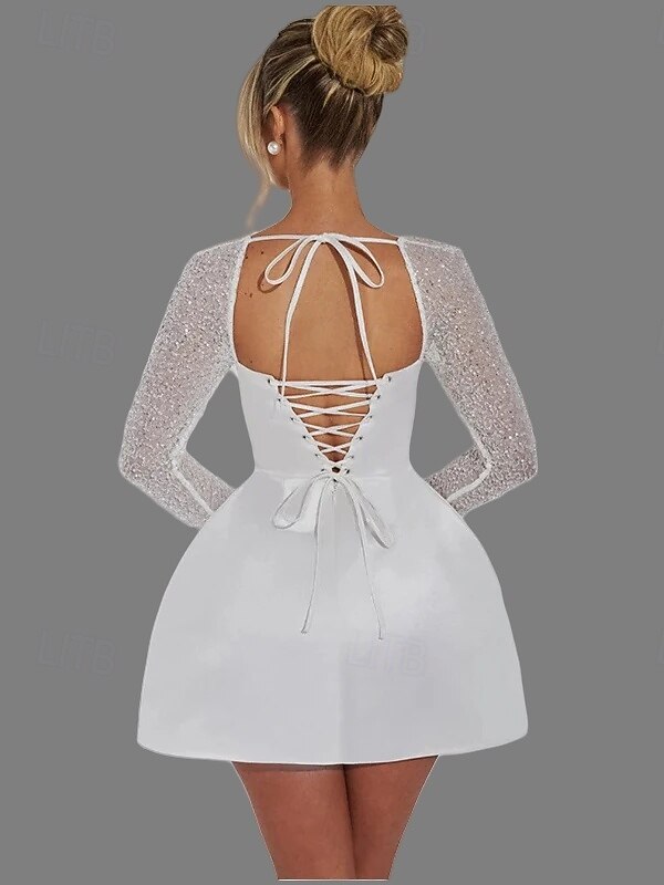 А-силуэт Короткое мини Свадебные платья Платья для свадебного душа Свадебное платье Маленькие белые платья Длинный рукав Квадратный вырез градация День рождения Сатин Кружева с Жемчужная отделка Узор 2026 - $153.99 –P2