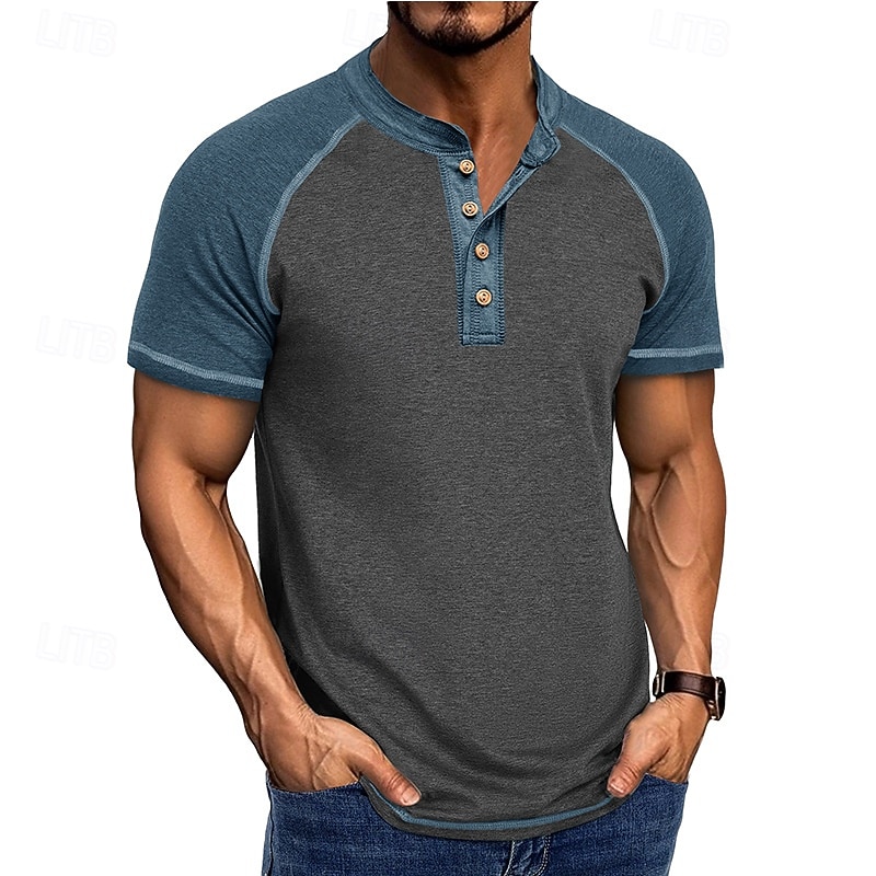 2026年 男性用 ヘンリーシャツ ティートップ ベースボールTシャツ 半袖 カラーブロック ファッション デザイナー ラグランスリーブ ヘンリー バケーション ストリート お出かけ 夏 ダークグレー ブラック グレー ヘンリーTシャツ  コレクション – $21.99 –P6