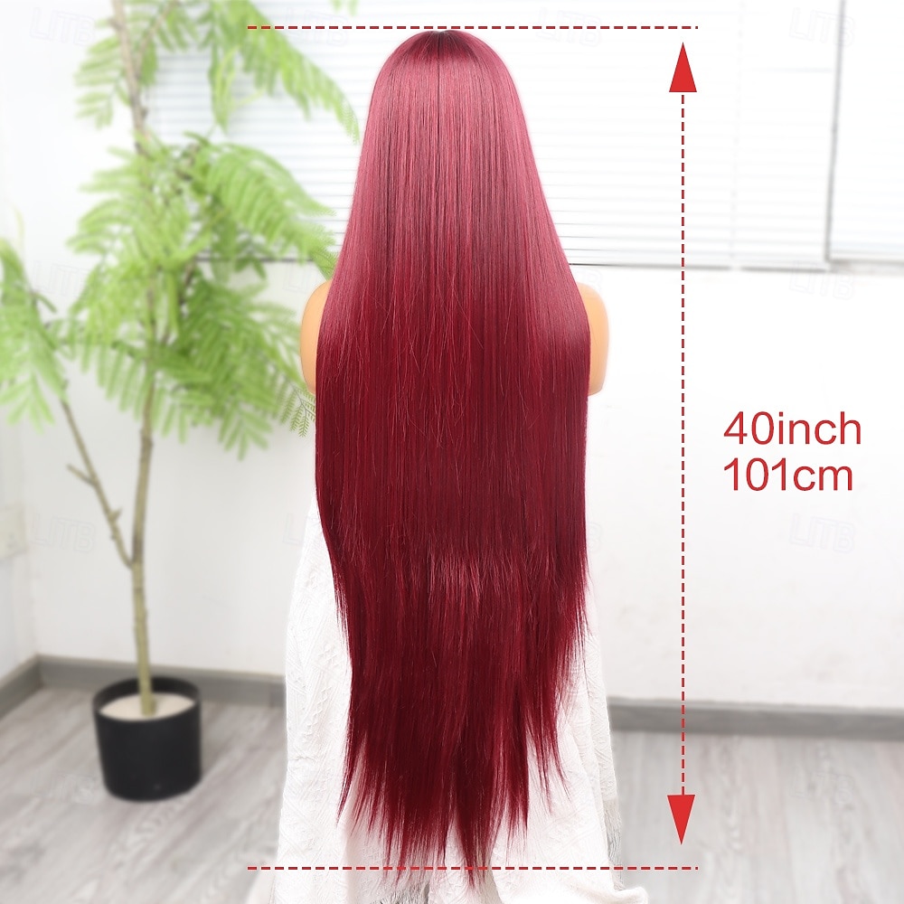 Peluca de encaje sintético Recto Estilo 38 pulgada Borgoña Parte media Parte delantera de encaje 13x4x1 T Peluca Mujer Peluca Rojo tinto 2025 - $62.99 –P6