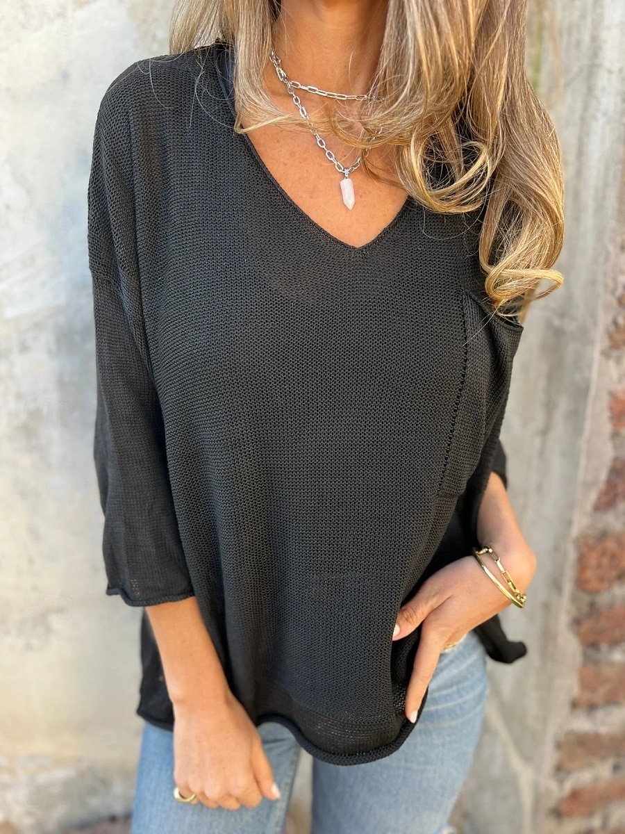 Damen Pullover Täglich Stilvoll Lässig Einfarbig Gerippt V Ausschnitt Tasche Gestrickt Langarm Normale Oberteile Stricken Outdoor Täglich Schwarz Weiß Sommer Frühling 2025 - $22.99 –P9