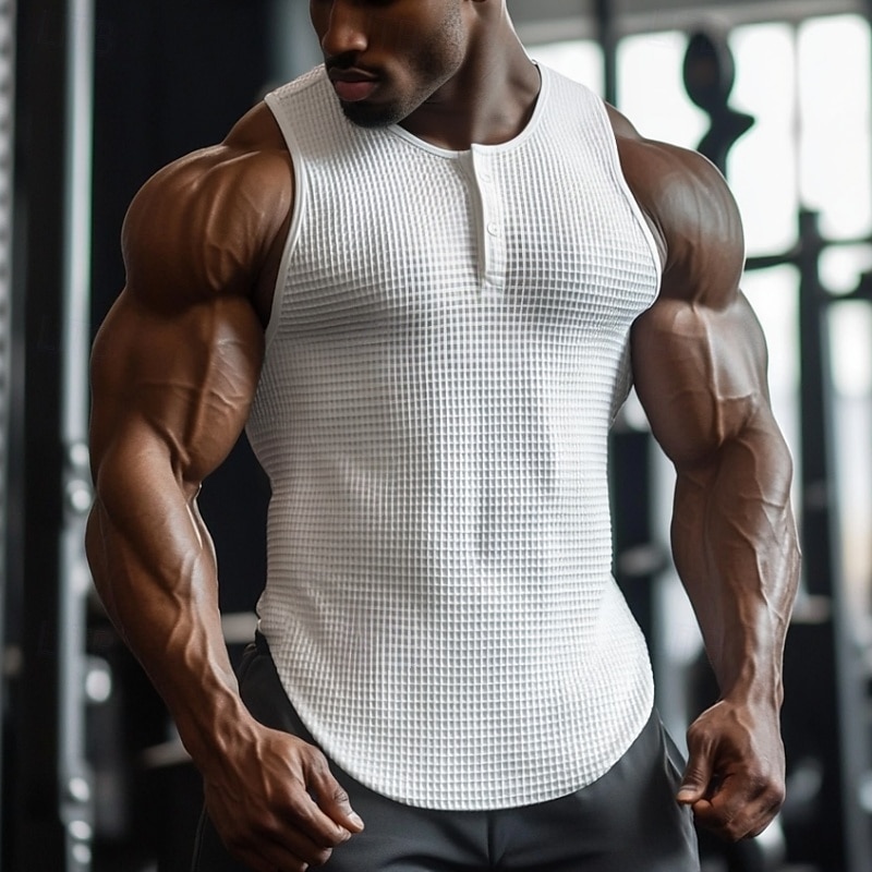 Bărbați Maiou cu vafe Cămașă Henley Vest Top Sub Cămașă Fără manșon Henley Vară Simplu Modă Designer Muşchi Nasturi În aer liber Ieșire Sală de Fitness Negru Alb Albastru Deschis Top tricou pentru 2025 - $13.99 –P1