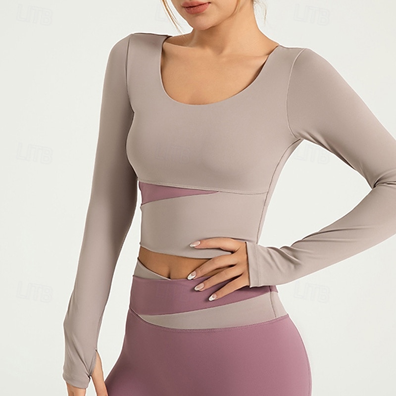 Tshirt de Yoga Femme Tee-shirt Top Encolure dégagée Patchwork Bloc de couleur Spandex Yoga Aptitude Fonctionnement manche longue Des sports Tenues de Sport Respirable Séchage rapide Poids Léger de 2025 ? $30.99 -P13