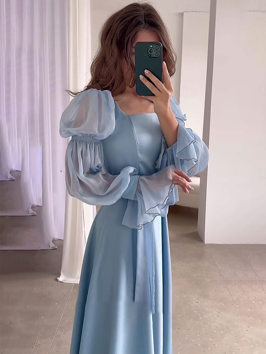 Kvinnors Plus Size Maxiklänning A-linje Klänning Off The Shoulder Klänning Puffärm Klänning Semester Semester Enfärgad Långärmad Fyrkantig Hals Ljusblå Vår Höst 2025 - $51.99 –P3