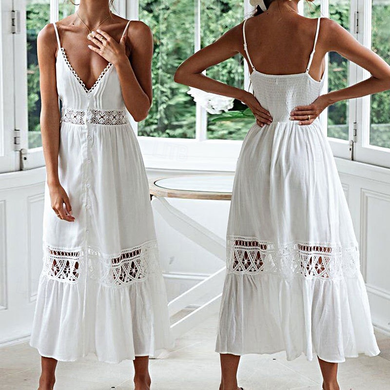 Women's Midi Dress Cotton Linen Dress Slip Dress Boho Dress Basic Classic Modern Vacation Holiday Going out Regular Fit Plain Sleeveless Spaghetti Strap White Summer 2025 - $26.99 –P1