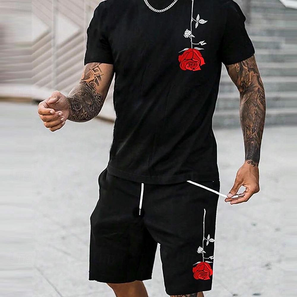 Men's Rose 2pcs Tees sets Short Sleeve Short Pants Crew Neck Vacation Casual Outdoor Vacation Sport 3D Print Summer Black 2026 - $26.99 –P2