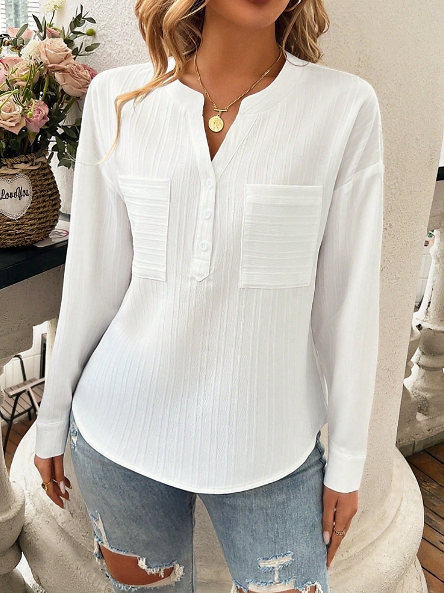 Dame Bluse Helfarge Stilfull Fritid Langermet V-hals Vanlige topper Daglig Knapper Hvit Rosa Brun Aprikos Sommer Vår 2025 - $26.99 –P1