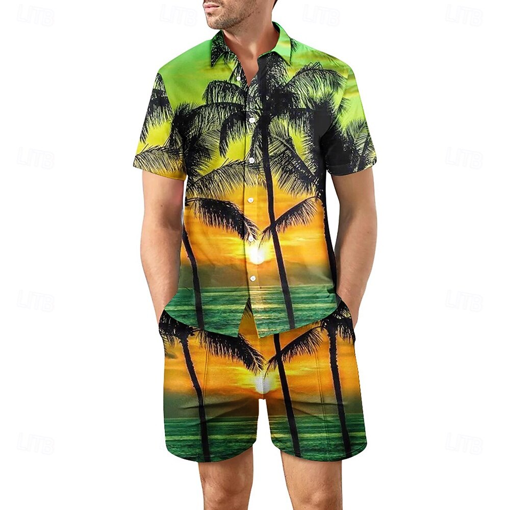 Męskie Drzewo palmowe 2szt Zestawy koszul Koszula hawajska Krótki rękaw Krótkie spodnie Wieczorne Codzienny wakacje na plaży Codzienny Ubrania wakacyjne Druk 3D Lato Turkusowy Zielony 2025 - $37.99 –P1