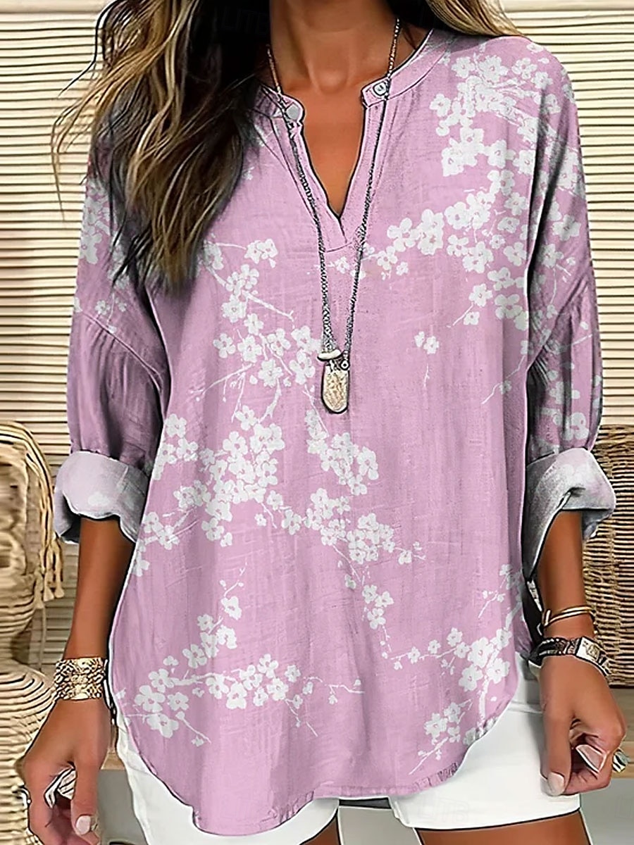 Women's Shirt Floral Graphic Vintage Tropical Hawaiian Long Sleeve V Neck Regular Tops Daily Holiday Beach Wear Print Pink Navy Blue Blue Green Khaki Summer Spring 2025 - $24.99 –P4