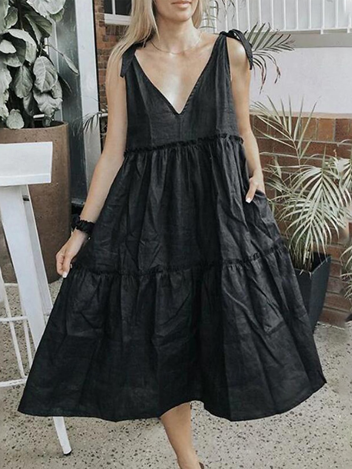 Damen Midikleid Weißes Kleid Casual kleid Sommerkleid Elegant Modern Täglich Sommerkleid Lockere Passform Glatt Einfarbig Ärmellos Tiefes V Schnürkragen Schwarz Weiß Rote Sommer 2025 - $17.99 –P10