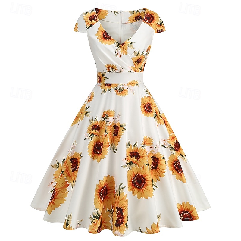 Lata 50. Retro / vintage Rockabilly Do kolan Sukienka kopertowa Sukienka huśtawka Rozkloszowana sukienka Normalny Krótki kimonowy Kwiaty Obcisła i rozszerzona Huśtawka wisząca W serek Strój na bal 2026 - $32.99 –P13