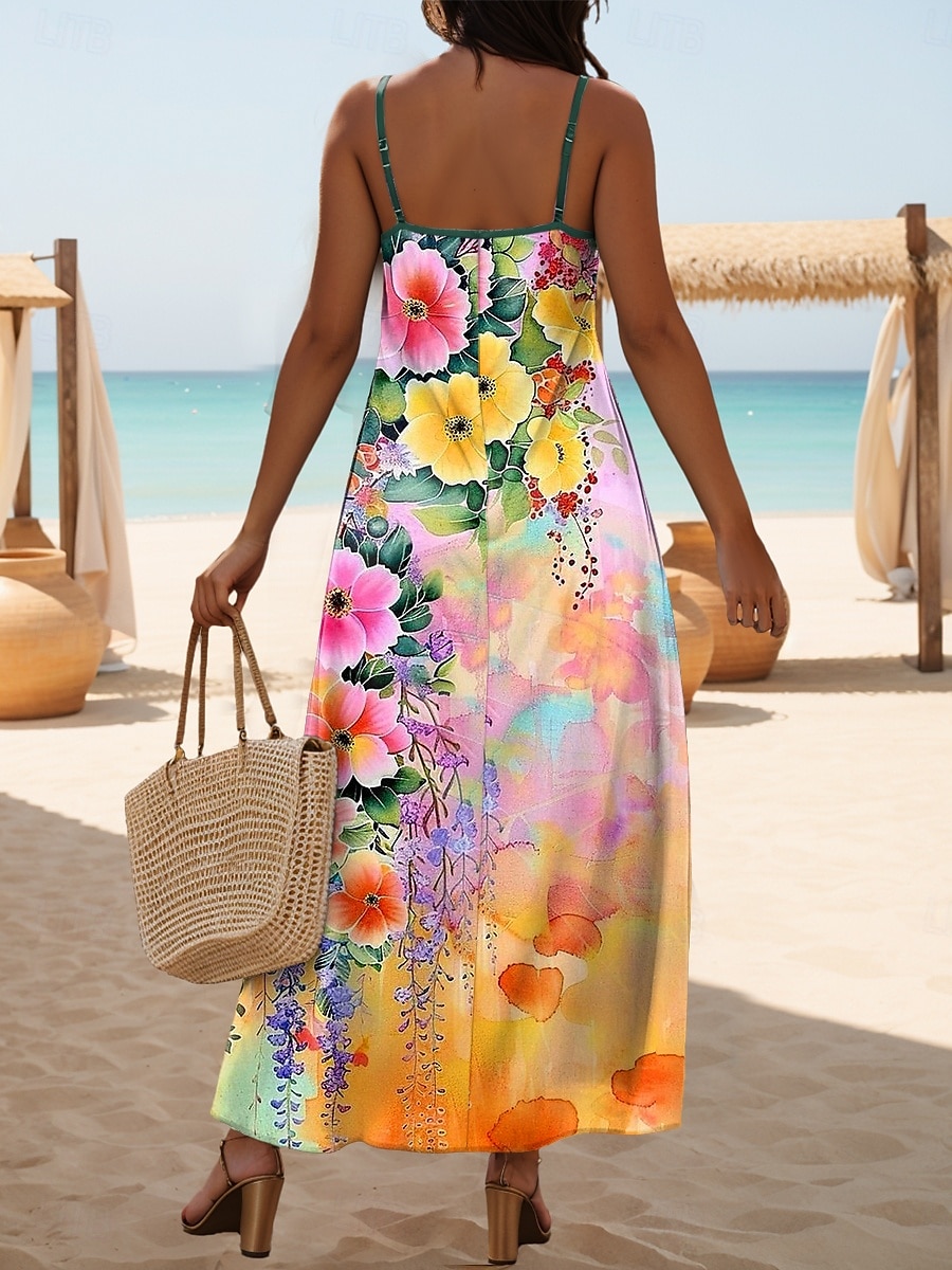 Damen Maxikleid A Linie Kleid Sommerkleid Unterkleid Urlaub Lässig Täglich Normale Passform Blumen Grafik Ärmellos V Ausschnitt Orange Sommer Frühling 2025 - $34.99 –P2