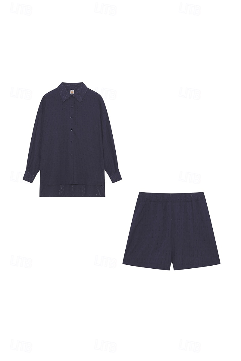 Women's Active Basic Shirt Shorts Sets Long Sleeve Shirt Collar Solid Color Dubbele Rij Knopen Holiday Casual Daily Black White Yellow Summer Regular Fit 2025 - $24.99 –P13