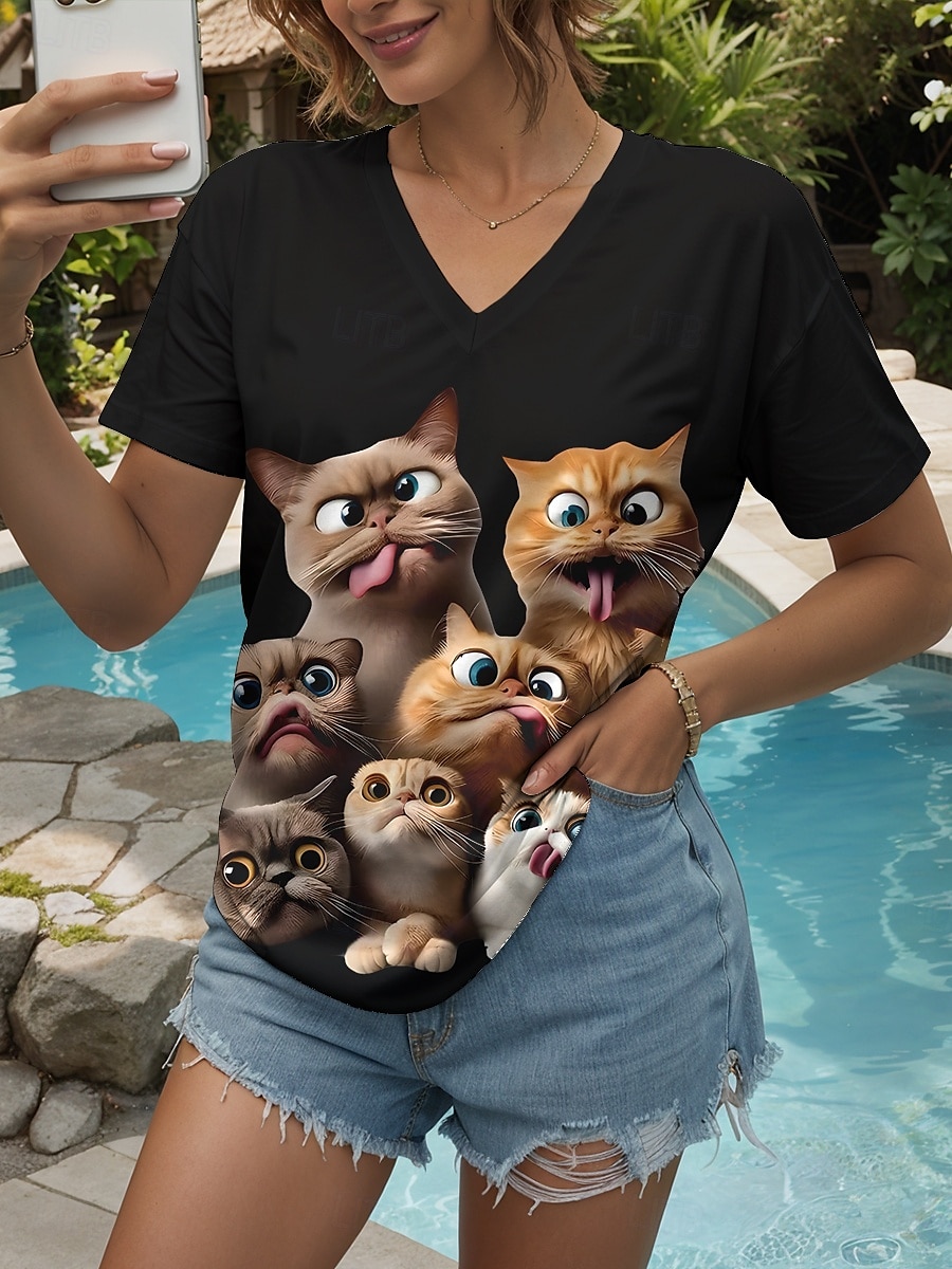 Dam T-shirt Grafisk Djur Katt Ledigt Kortärmad V-hals Vanliga toppar Dagligen Mönster Svart Vit Gul Grön Sommar Vår 2025 - $19.99 –P4