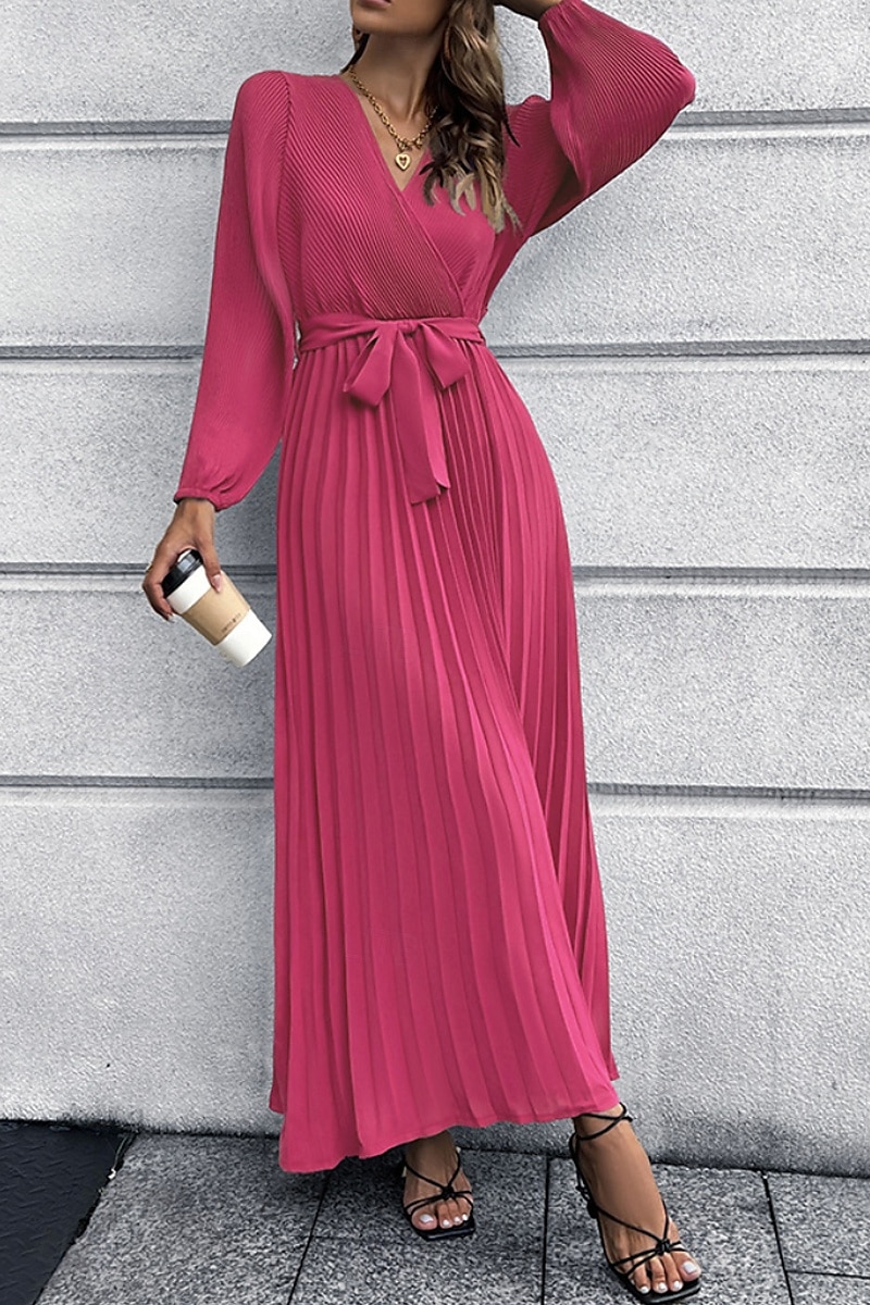 Dam Långklänning Maxiklänning Cocktail klänning Ruched Klänning Elegant Mode Födelsedag Tebjudning Utekväll Normal Slät Långärmad V-hals Svart Rubinrött Grön Sommar 2025 - $29.99 –P2