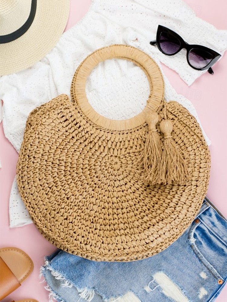 Women's Large Capacity Handmade Woven Straw Round Tote Bag - Bohemian Beach Tote with Tassels, Summer Vacation Rattan Wallet for Travel, Shopping and Vacation Brown Beige 2025 - $24.99 –P3