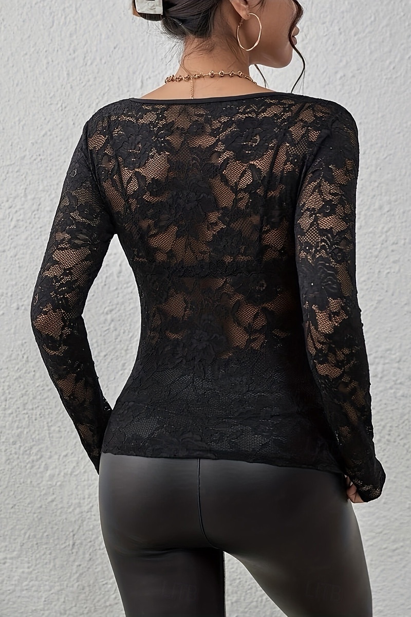 Damen Spitzenhemd Bluse Glatt Stilvoll Langarm V Ausschnitt Normale Oberteile Täglich Ausgehen Spitze Schwarz Weiß Wein Sommer 2025 - $17.49 –P10