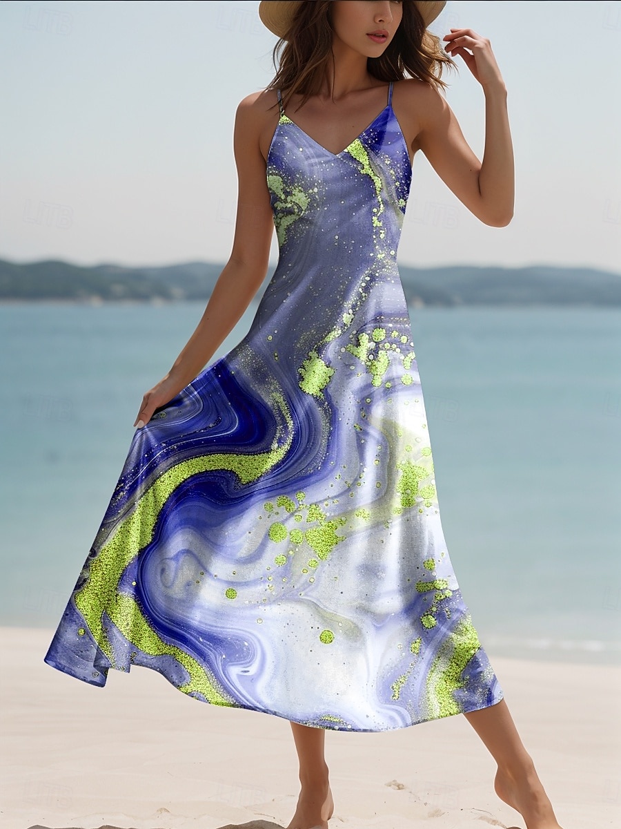 Damskie Sukienka maxi Codzienne sukienki Sukienka A line Sukienka na ramiączkach Elegancja Urlop Elegancki Codzienny Regularny Ombre Abstrakcja Marmurowy nadruk Bez rękawów W serek Czerwonobrązowy 2025 - $31.99 –P7
