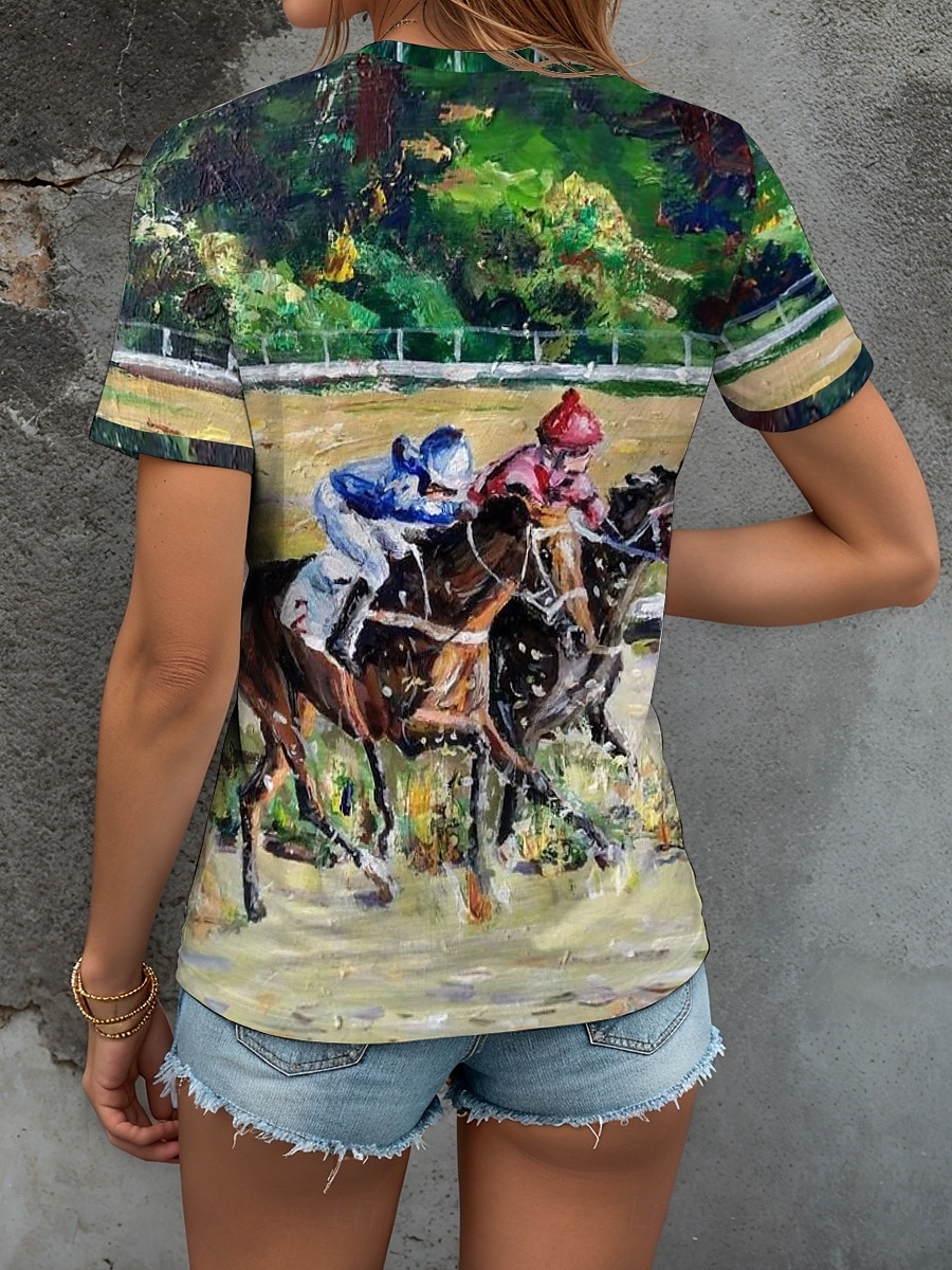 Derby del Kentucky Per donna Maglietta Grafico Animale Cavallo Elegante Casual Manica Corta Scollo a V Top Regolari Quotidiano Weekend Stampato Verde Estate Primavera del 2025 a $19.99 –P2