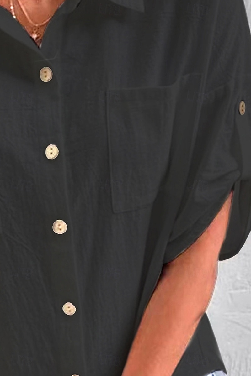 Damen Hemd Baumwoll-Leinen-Hemden Knopfleiste Bluse Einfach Basic Lässig Kurzarm Hemdkragen Normale Oberteile Ferien Ausgehen Knöpfe Tasche Schwarz Weiß Marineblau Khaki Grau Sommer 2025 - $21.99 –P21