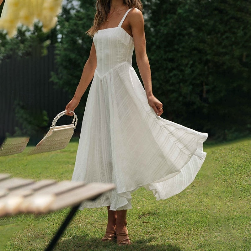 Per donna Abito Midi Abito Bianco Abito da laurea Abito Sottoveste Moda Compleanno Ferie Data Vestibilità regolare Semplice Senza Maniche Spalline sottili Bianco Estate del 2025 a $31.99 –P8
