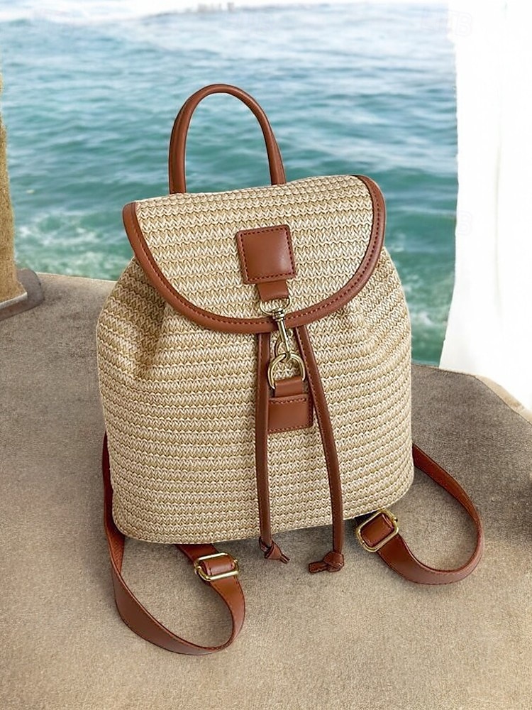 stro rugzak voor vrouwen – boho geweven rotan reistas met leren banden, chique zomer strand rugzak, casual vakantie & dagelijks gebruik handtas wit roze bruin 2025 - $29.99 –P7