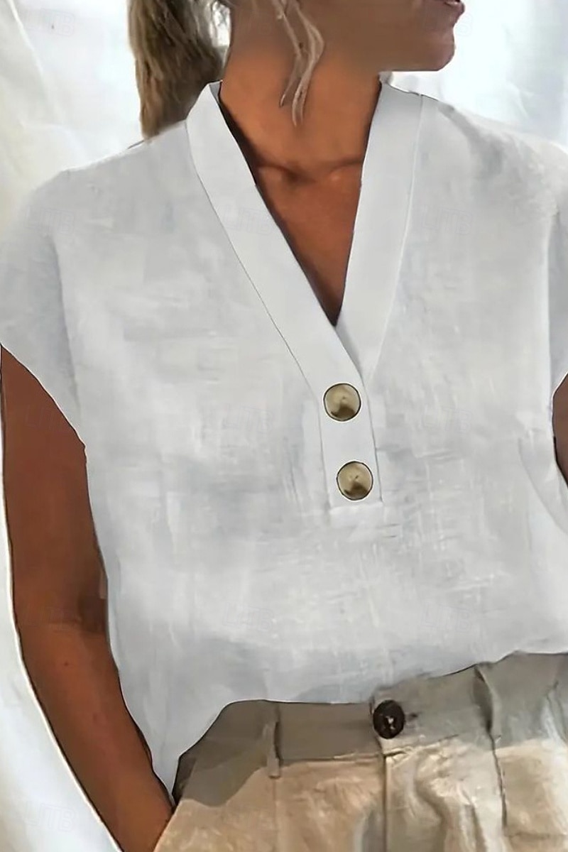 Per donna Misto cotone Blusa Bottoni Semplice Essenziale Moderno Casual Manica Corta Scollo a V Top Regolari Ferie Uscire Bianco Rosa Verde Azzurro Estate del 2026 a $7.49 –P2