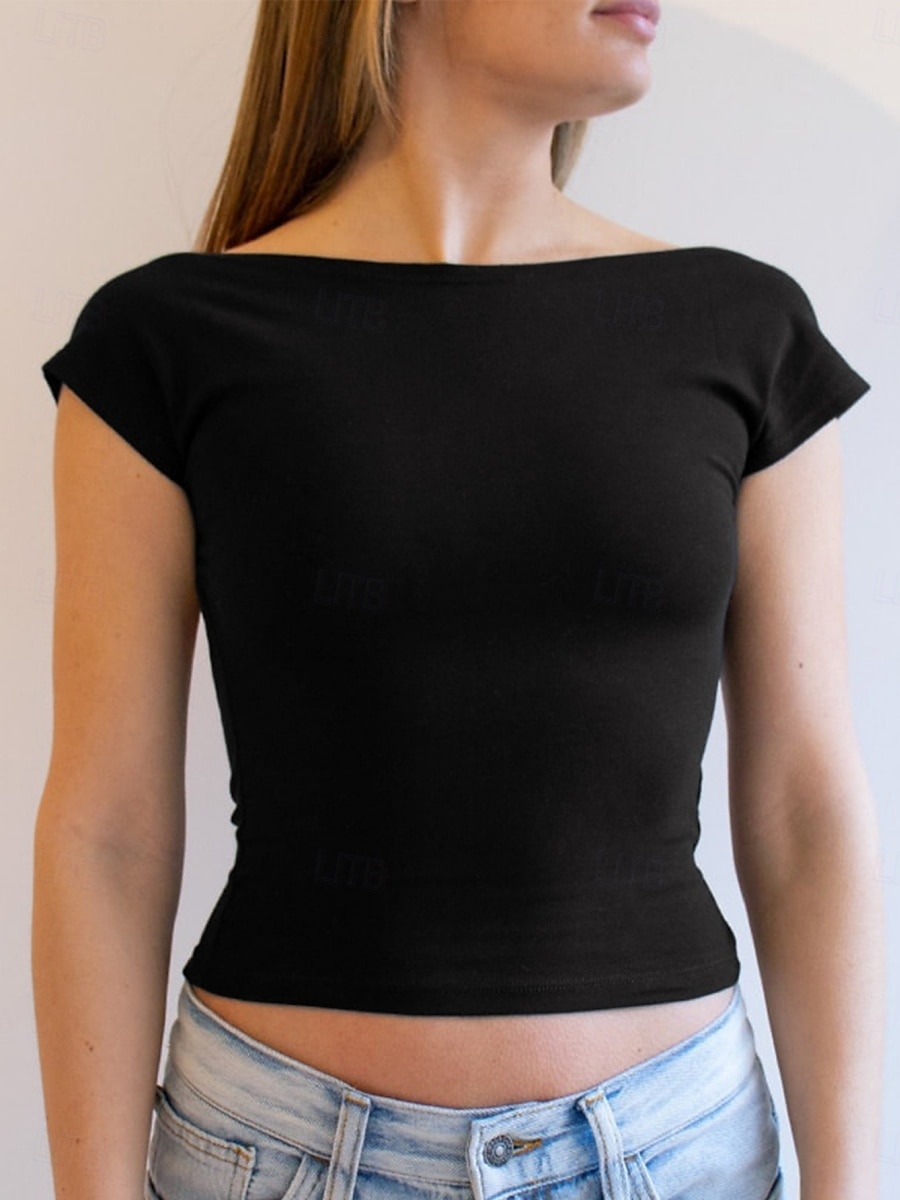 Női camisole trikó egyszínű sima szexi hétköznapi rövid ujjú kerek nyakú normál felsők ünnephez kimenéshez hát nélkül fekete fehér borvörös tengerészkék nyár 2025 - $14.99 –P16