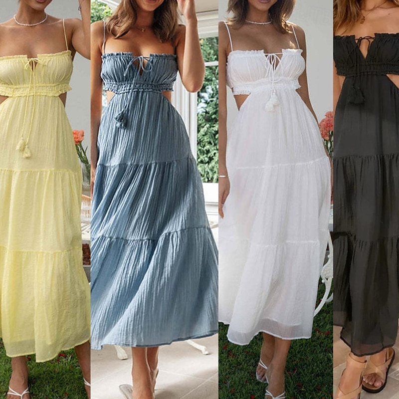 Per donna Abito Midi Abito Bianco Abito da laurea Abito Sottoveste Moda Moderno Compleanno Ferie Laurea Vestibilità regolare Semplice Senza Maniche Spalline sottili Nero Bianco Giallo Blu Estate del 2025 a $31.99 –P1