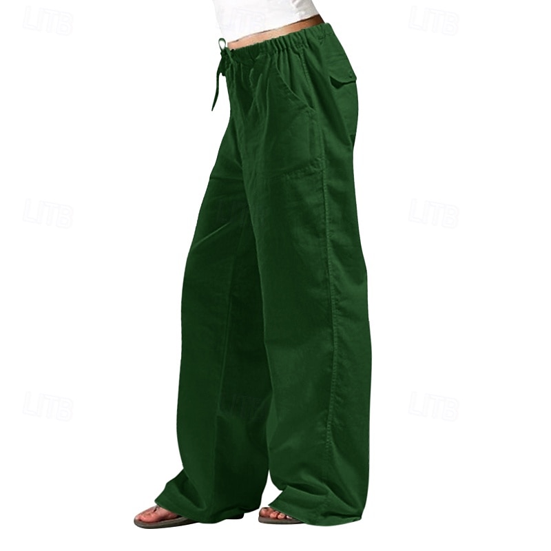 Women's Cotton Linen Pants Slacks Streetwear Casual Full Length Natural Plain Pocket Elastic Drawstring Design Outdoor Comfortable Daily Wear Going out Depression Green Dark Brown Light Sky Blue Navy 2025 - $23.99 –P4