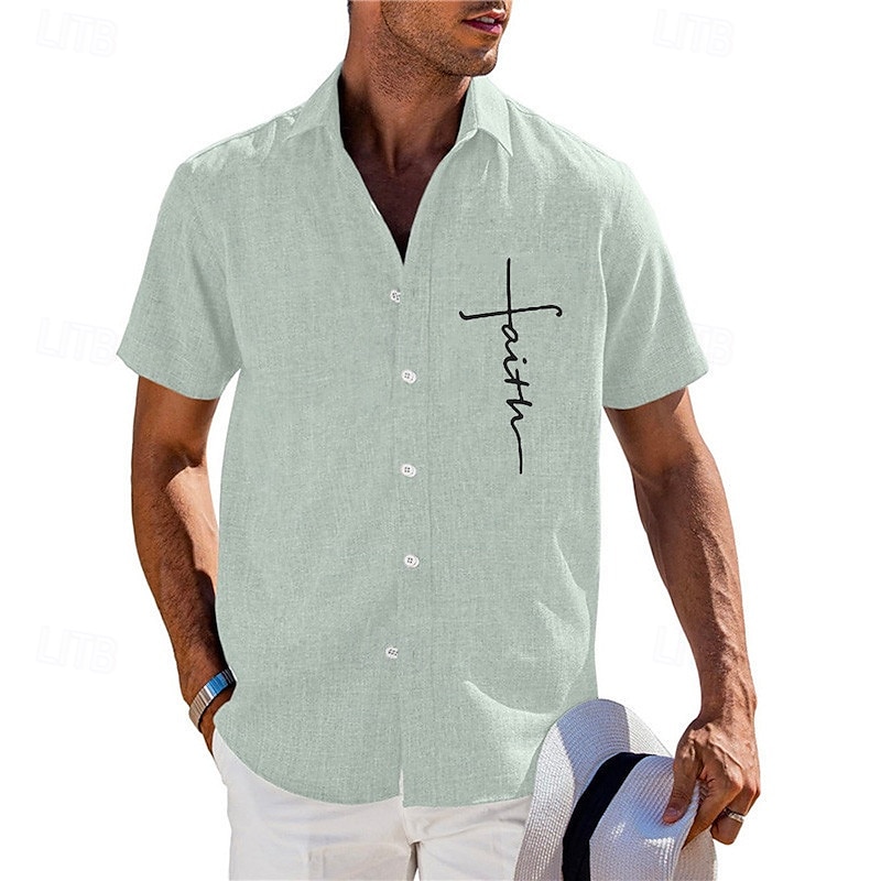 Herren Sommerhemd Freizeithemd Strandhemd Knopfhemd Schwarz Blau Grün Kaki Grau Kurzarm Muster Glaube Revers Urlaub Hawaiianisch Bekleidung Polyester Mode Lässig Bequem 2025 - $19.99 –P2