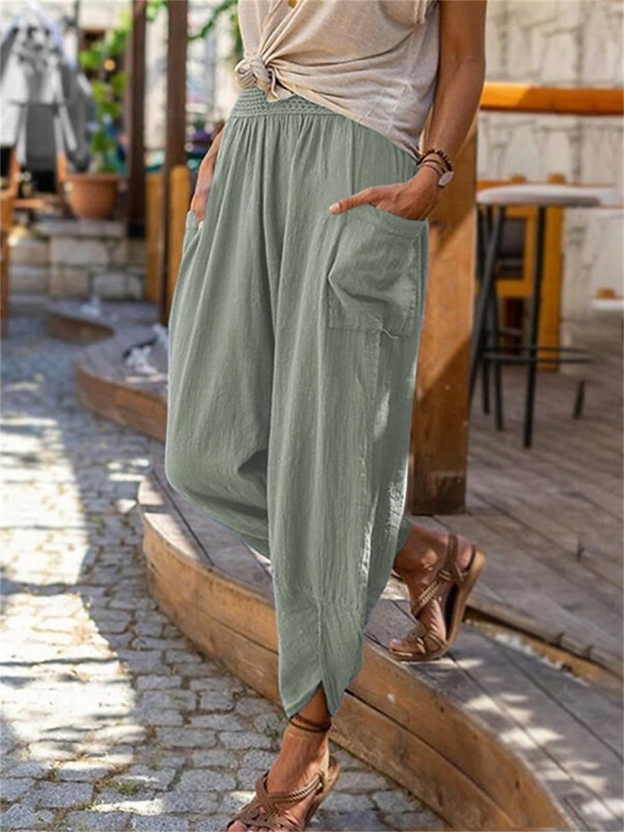 Pantaloni baggy in cotone e lino da donna chinos moda streetwear lunghezza intera vita media tasca semplice elastico comodo morbido confortevole micro-elastico all'aperto street blu uovo di merlo del 2025 a $16.99 –P1